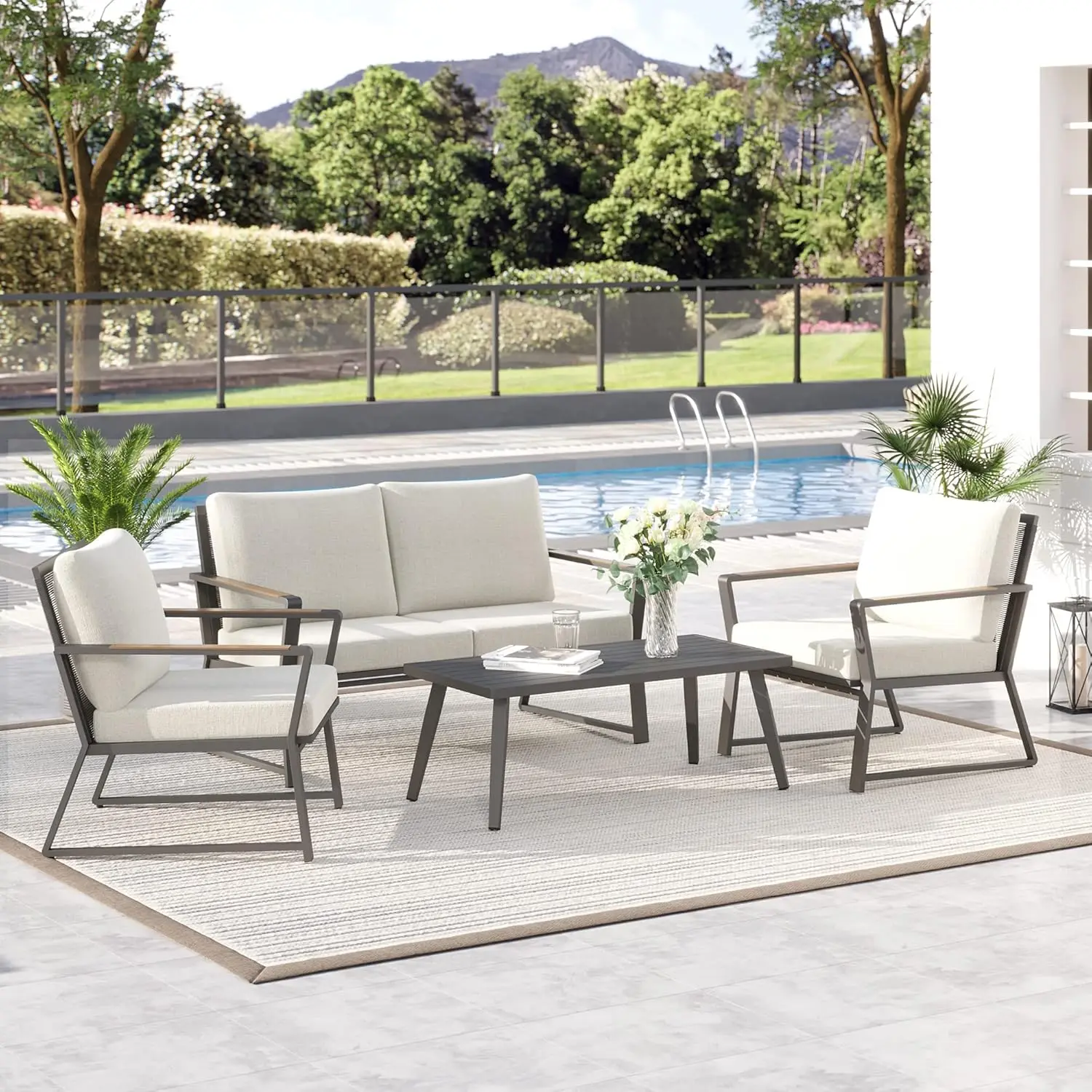 Outsunny 4 Piece Patio Furniture Set, Aluminum Conversation Set, Outdoor Garden Sofa Set with Armchairs, Loveseat, Center Coffee