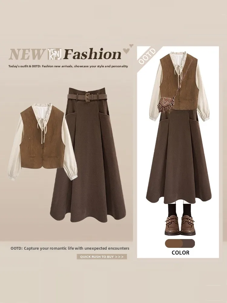 

Новый зимний винтажный женский комплект из футболки Maturi Faion, многослойный жилет irt f-юбка, ансамбль