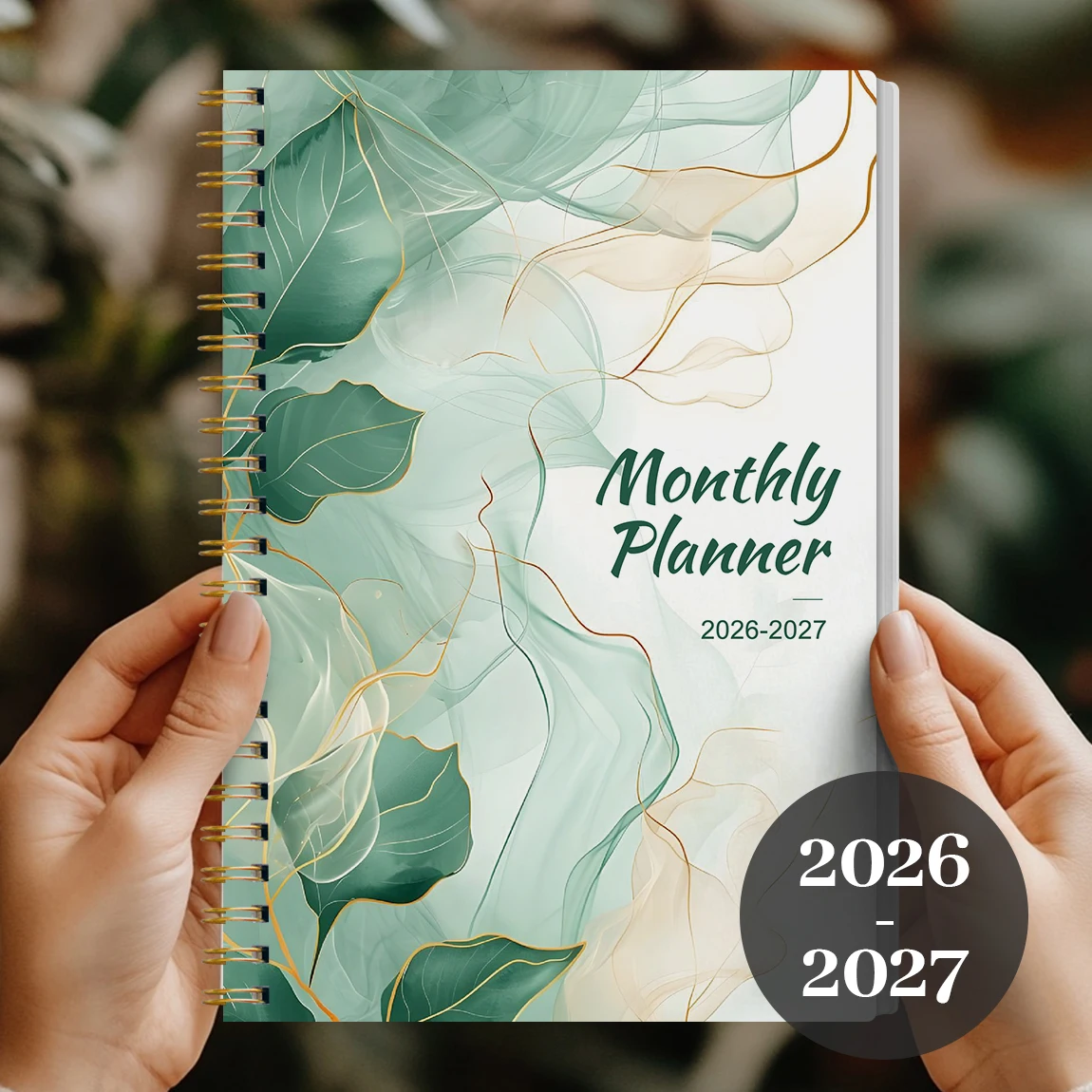 2026-2027 مخطط شهري A5، ملزمة حلزونية، غطاء ألوان مائية على شكل أوراق خضراء، منظم تقويم لمدة 24 شهرًا مع ورق سميك غير منتفخ