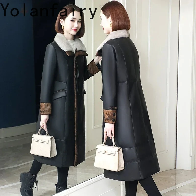 Genuine Sheepskin Leather Trench Coat for Women Winter 2024 Long Down Coats Luxury Mink Fur Collar Warm Puffer Jacket Chaquetas