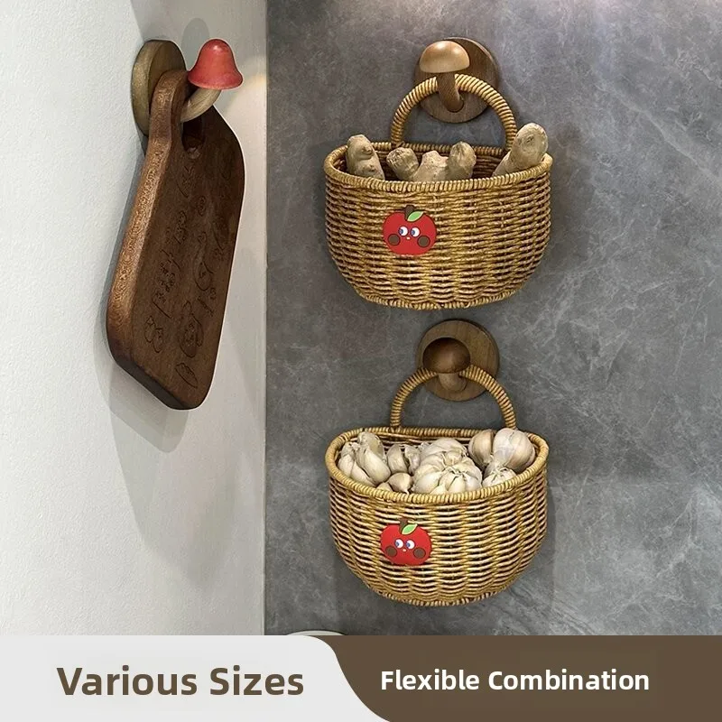 

Kitchen Storage Hanging Basket Cute Wooden Musoom Hook Ra Bamboo Woven Small Basket Onion Garlic Storage Organizer