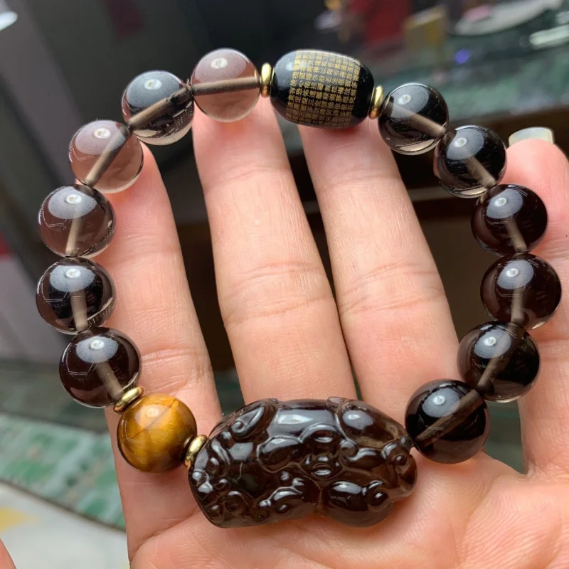 

Natural Pixiu And Tiger Eye , Men'S Tea Obsidian Bracelet With Mantra Accessories