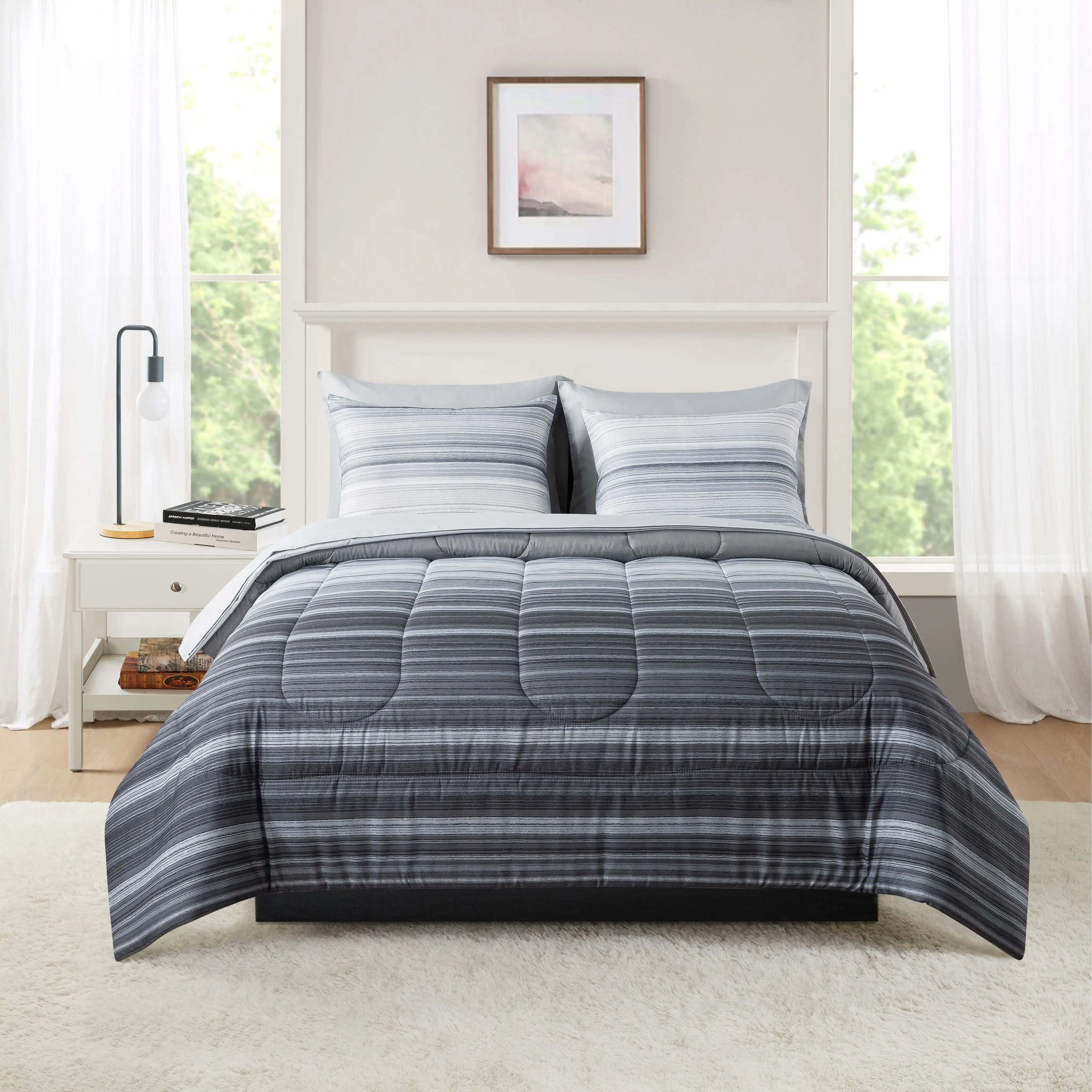 

7 Piece Reversible Bed in a Bag Comforter Set with Sheets, Grey Stripe, Full