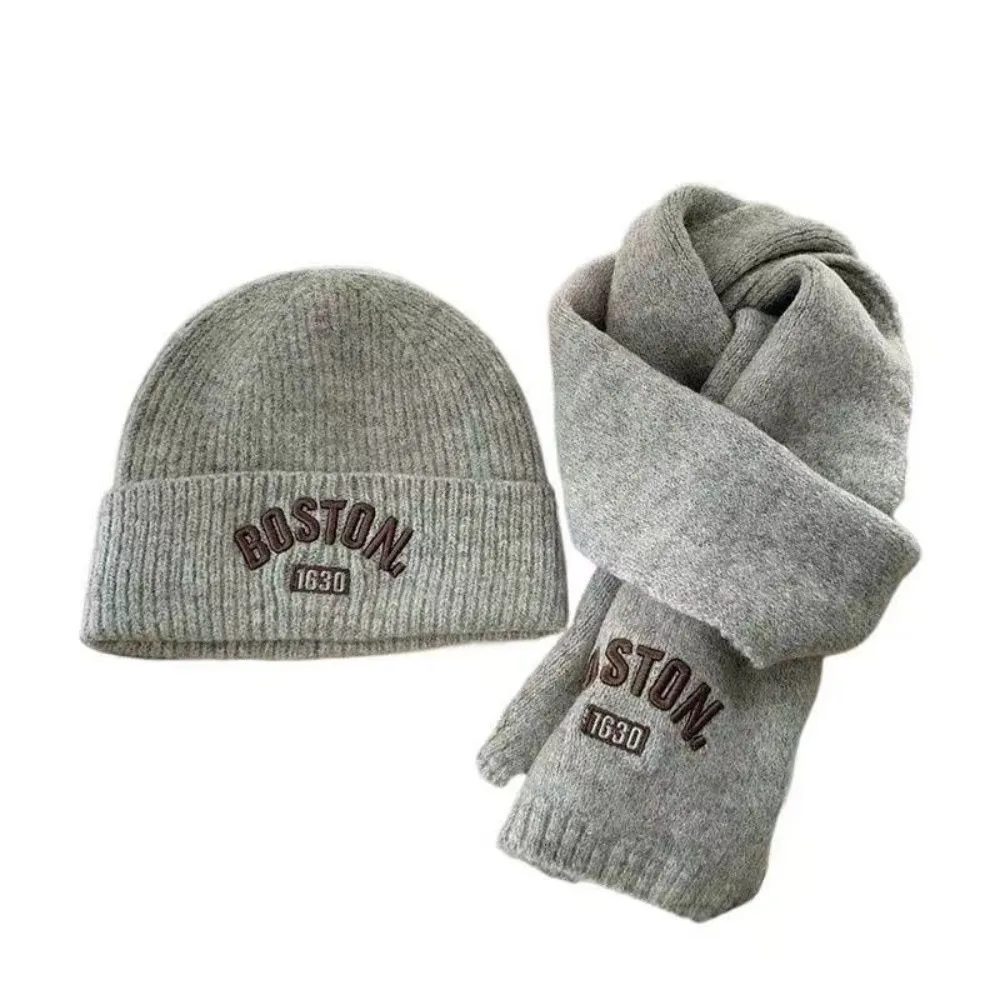 

New BOSTON Embroidery Scarf Hat Set Windproof Coldproof Pullover Cap Warm Beanie Hat