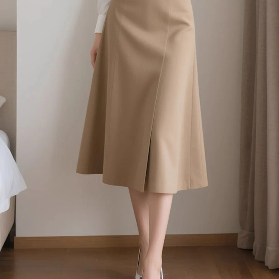 Women's Khaki Suit High Waist A-line Midi Skirt Belted Front Slit Flared Skirt Elegant Chic Formal Office Lady Summer Workwear