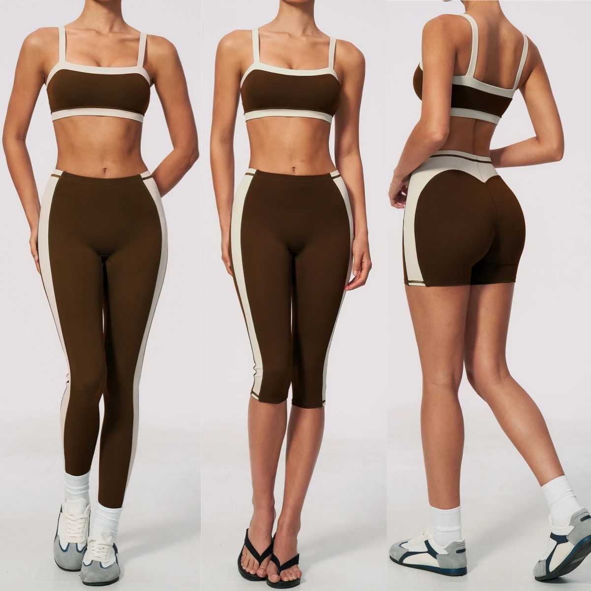 Women 2 Piece Workout Set Color Block Square Neck Sports Bra High Waist Leggings Capris Shorts Yoga Set Gym Tennis Sports Outfit
