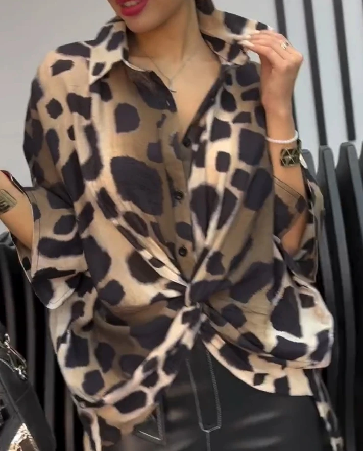 New Product 2024 In Stock Leopard Print Lapel Button Triangle Twisted Long Sleeved Loose Casual Women's Shirt