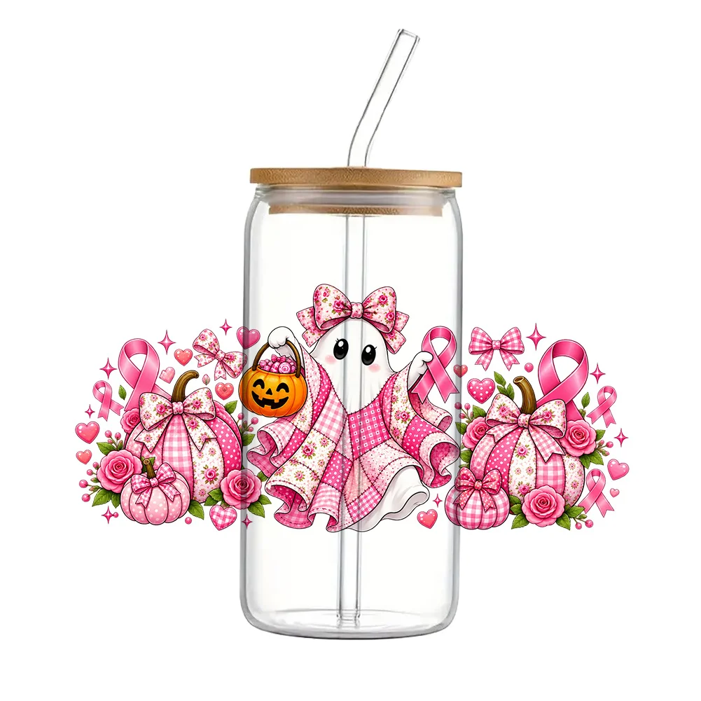 11x24cm Pink Kawaii Cute Halloween Ghost UV DTF Cup Wrap Decal For 16oz Libbey Glass Waterproof Gift