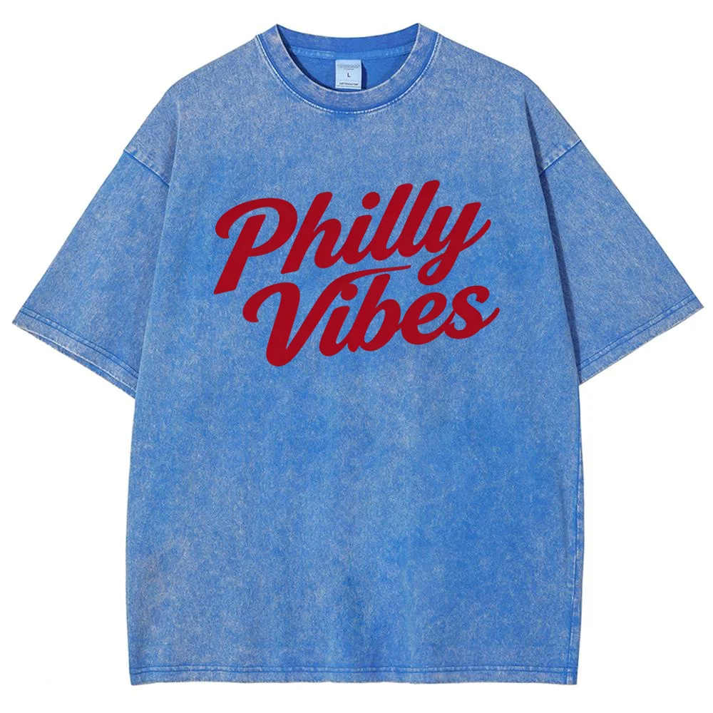 Men Philly Vibes Graphic Print Vintage Washed Short Sleeve T Shirt Casual Streetwear Summer Top