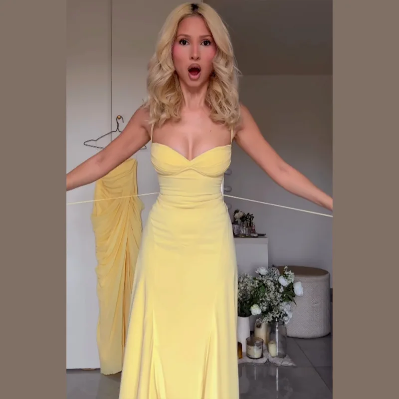 2026 Damen Maxikleid in Gelb mit Sweetheart-Ausschnitt, überkreuztem Rücken und Schnürung, bodenlanges Abendkleid, elegantes Hochzeitsgastkleid