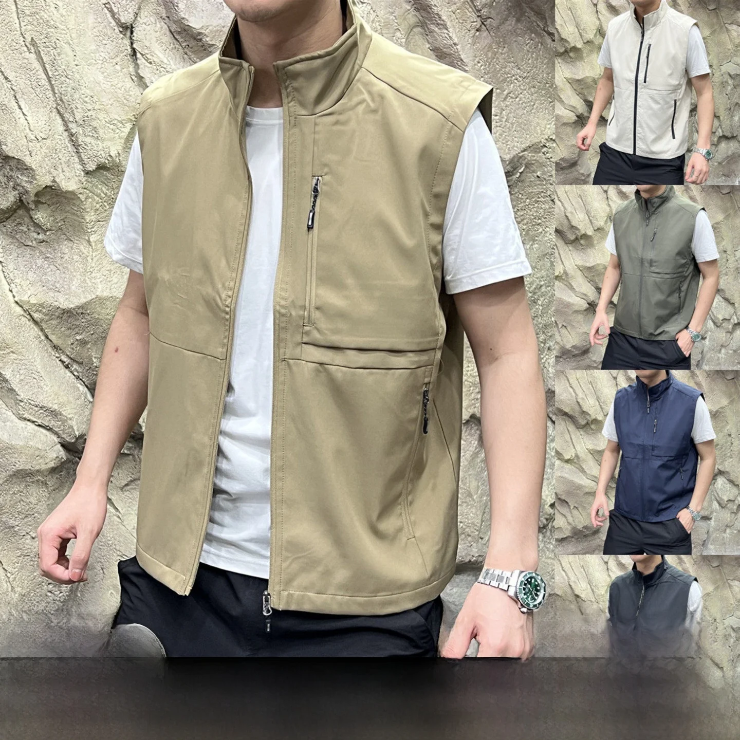 

Мужской модный ветрозащитный водонепроницаемый жилет для активного отдыха с ионами серебра, отражающими тепло, с воротником-стойкой, осенняя спортивная одежда