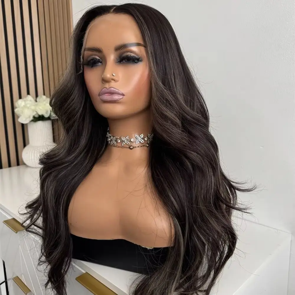 Middle Part Ombre Dark Brown Synthetic HD Lace Front Wig Party Daily Cosplay Heat Resistant Fiber Wig Soft Long Body Wave Wig