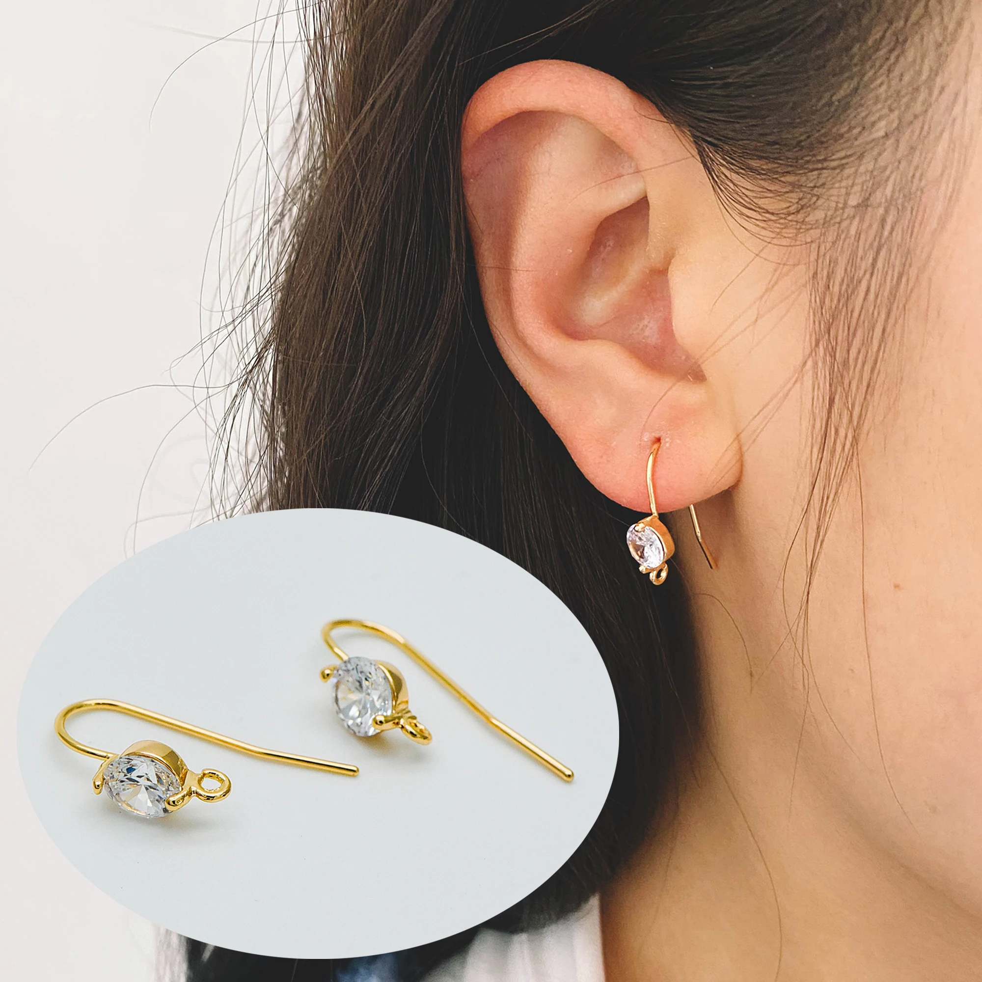 

10pcs CZ Paved Earring Hooks, 18K Gold Plated Brass Earwires, Craft Earring Components (GB-492)