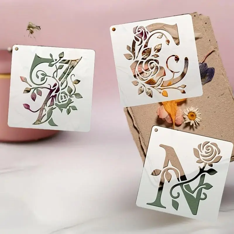 36 szt. Szablonów Alfabetu i Cyfr z Motywem Kwiatowym, Wielokrotnego Użytku, Szablony do Malowania z Motywem Róż i Pnączy, Puste Litery, Szablony do Graffiti, Formy do Malowania Natryskowego, Naklejki Ścienne