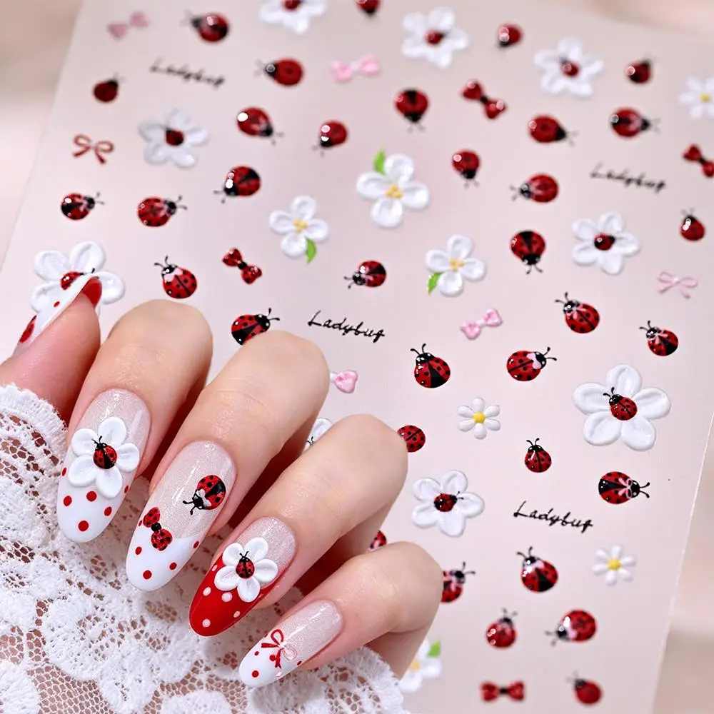 1Pcs 5D Cartoon Ladybug Bee Flower Nail Stickers Kawaii Insect Bow Floral Self-Adhesive Nails Decals for Spring Manicure Sliders