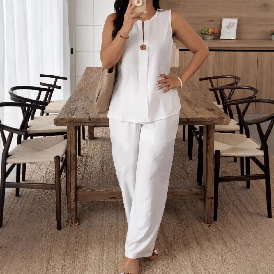 

Женский летний костюм-двойка 2026: топ без рукавов на пуговицах и широкие брюки из хлопка и льна, однотонный, свободный крой, повседневный стиль