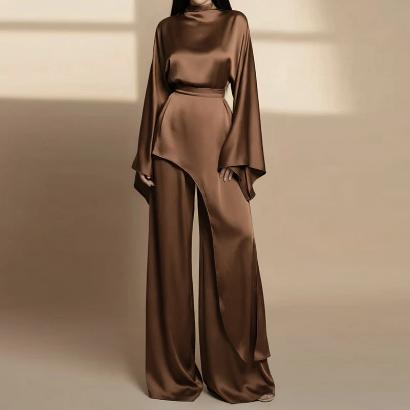 Casual Solid Slim 2pcs Suit Women Satin Two Piece Set New High Neck Flare Sleeve Blouse Asymmetrical Waist Wide Leg Pants Outfit