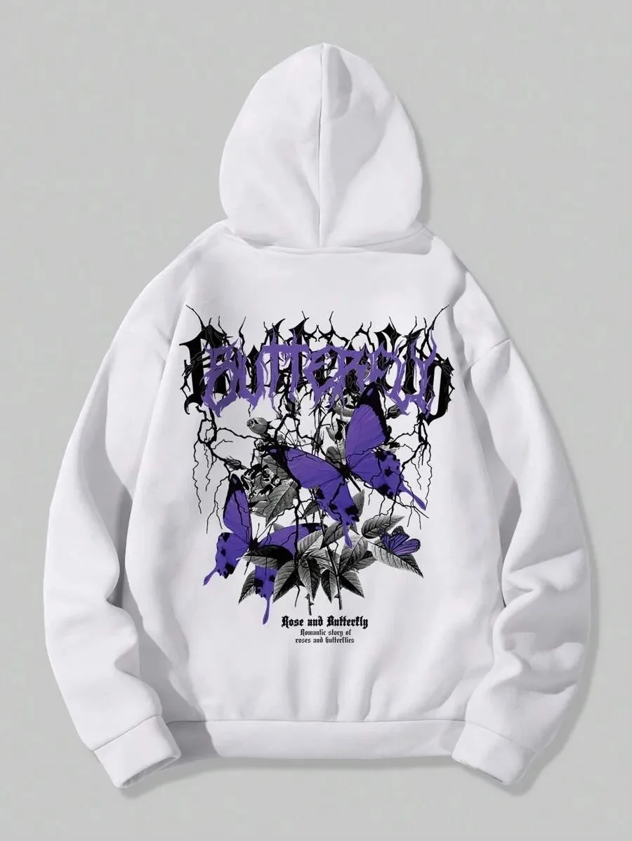 

Dark Romantic Butterfly Cotton Hoodie，Featuring Purple Butterflies, Rose Graphics and The Text “Rose and Butterfly” Aesthetics