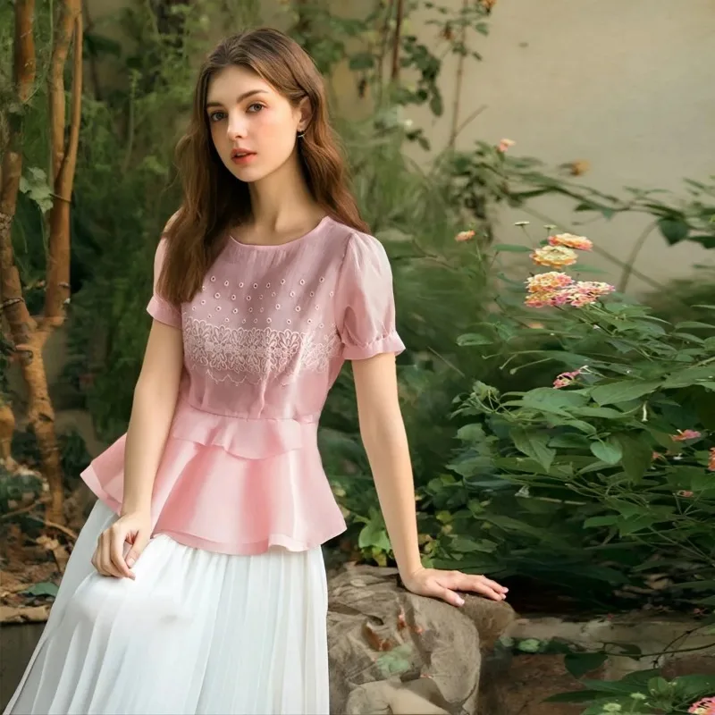 Women's Lace Embroidered Peplum Blouse Elegant Summer Short Sleeve Top