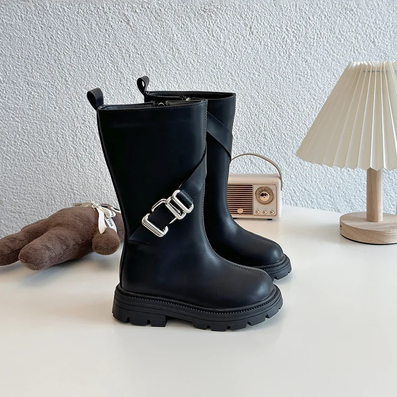 Winter Sexy Black Catwalk Casual Round Toe Fashion Children's Square Heel Kids Comfortable Increased ZIP Warm Ins Long Boots