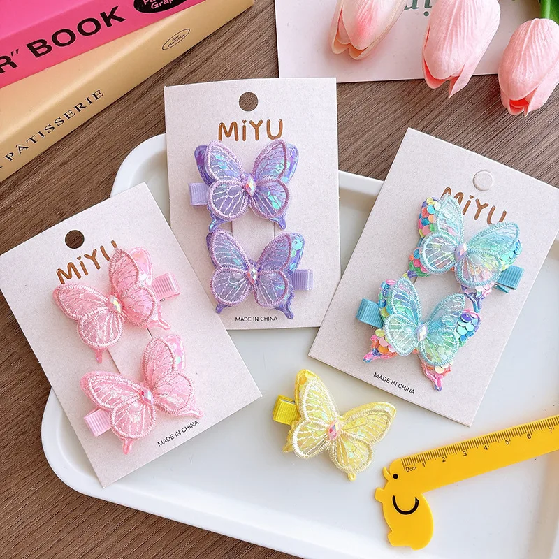 2PCS New Lovely Sequin Embroidery Double Layered Butterfly Girls Hairpins Children Headwear Hairgrip Hair Clips Hair Accessories