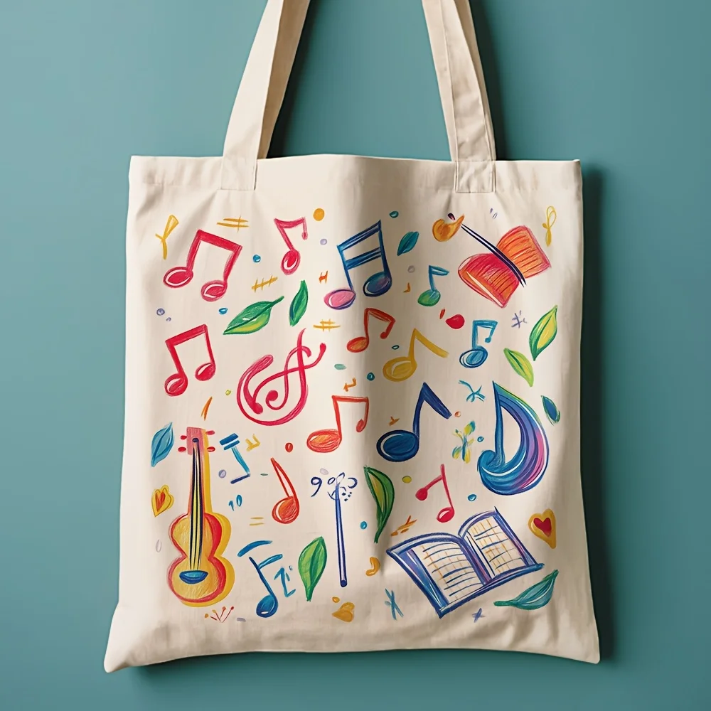 A Bright musical instruments and note design print canvas tote bag, suitable for daily use, shopping, school, and travel