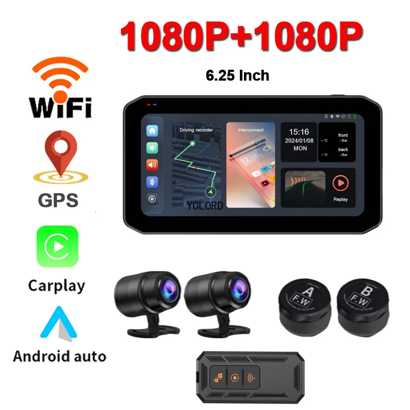 

WIFI Dual 1080P CarPlay Android Auto 6.25" Touch Screen Portable Digital Motorcycle Dashboard GPS Navigation TPMS Monitor