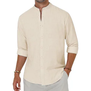 Camisas masculinas de linho, manga comprida, com botão para baixo, gola Henley, camisas de praia, férias havaianas, tops casuais 10 principais vendas camisa henley manga longa - №9