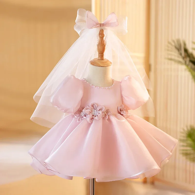 

2023 Luxury Baby Girls Party Dress Kids Beading and Appliques Ruched Ball Gown Children Princess Flower Girl Dresses for Wedding