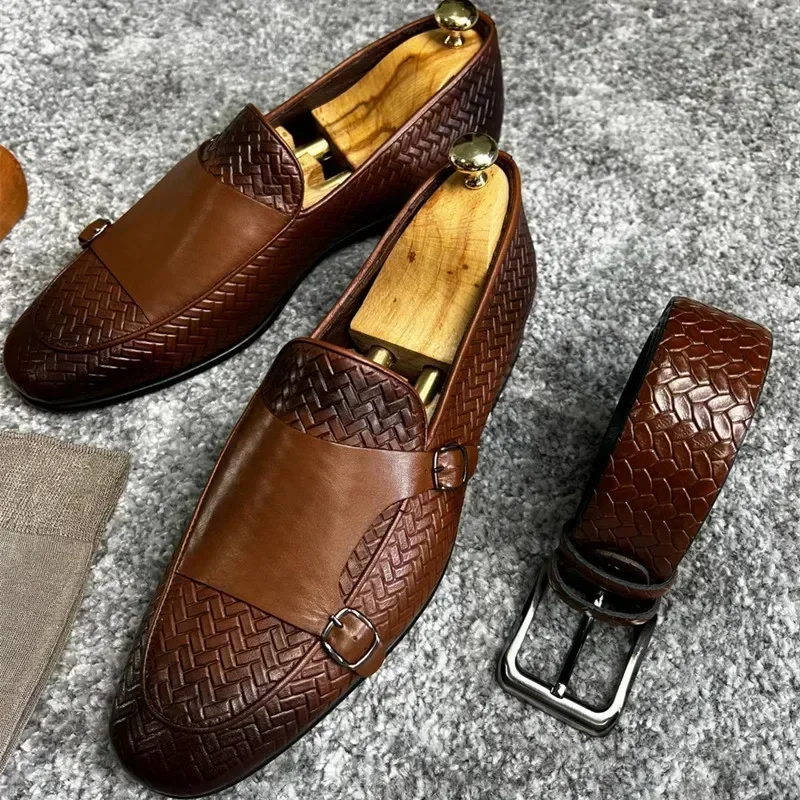 Men Loafers Shoes Brown Black Pu Breathable Double Buckle Monk Shoes Mocassins Cuir Pour Hommes Men Shoes