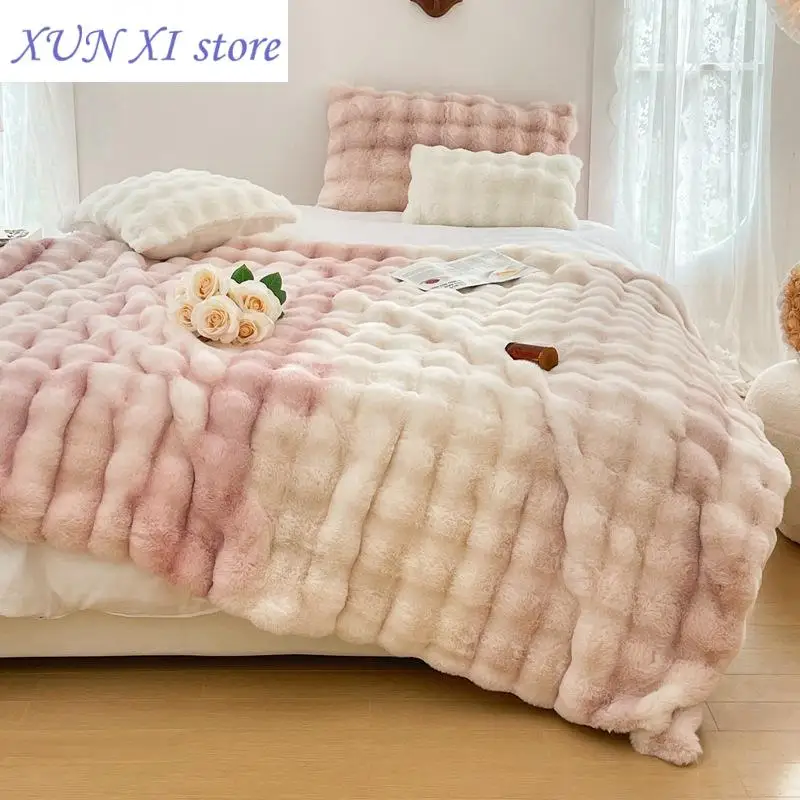 

New Luxury Tuscan Imitation Fur Blanket for Winter Throw Blanket Ruched Wrinkle Resistant Anti-Static and Washable for Sofa Bed