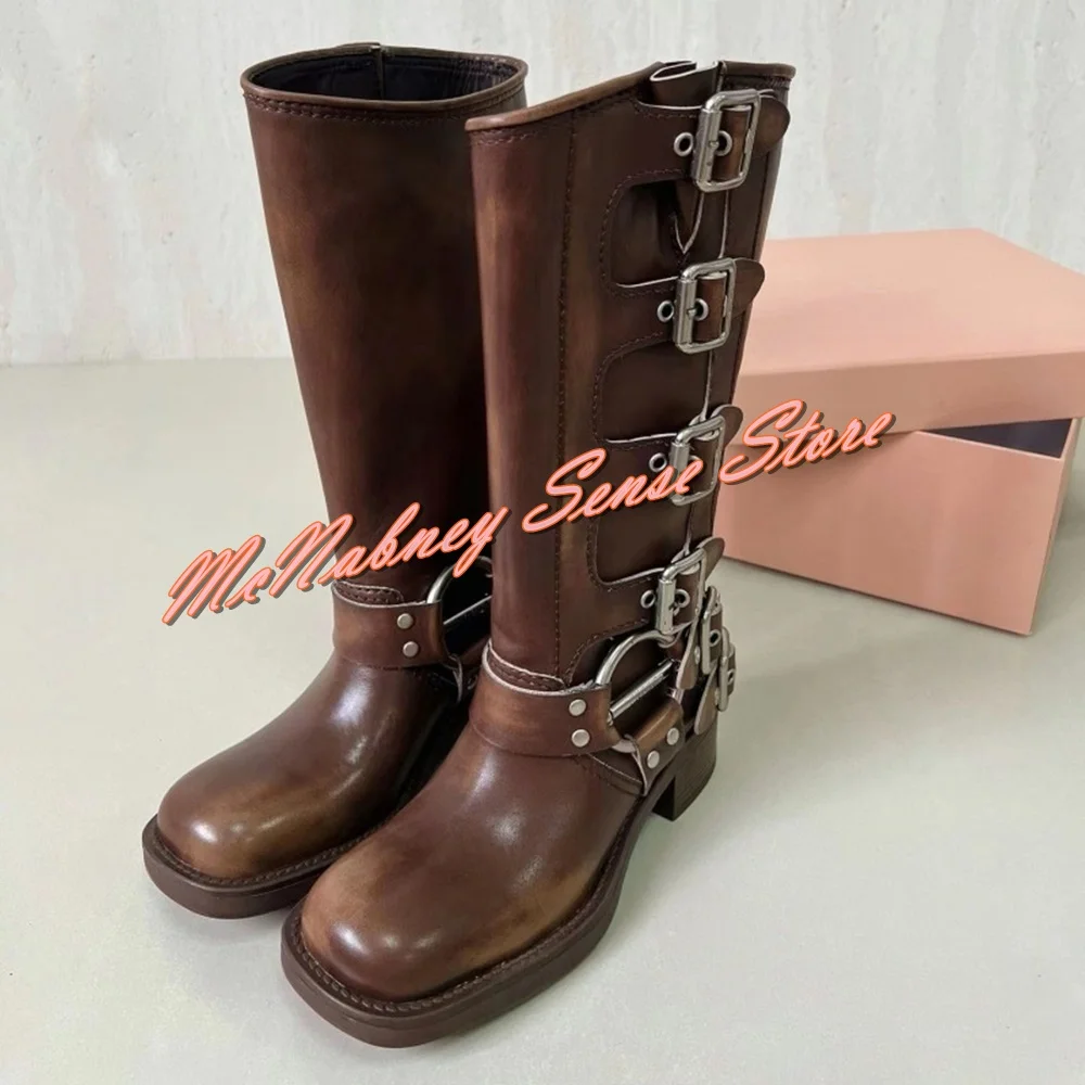 Retro Brown Chunky Heel Boots Metal Buckle Platform Knee High Boots Women Sexy Shoes Solid Leather New Style Winter Banquet Shoe