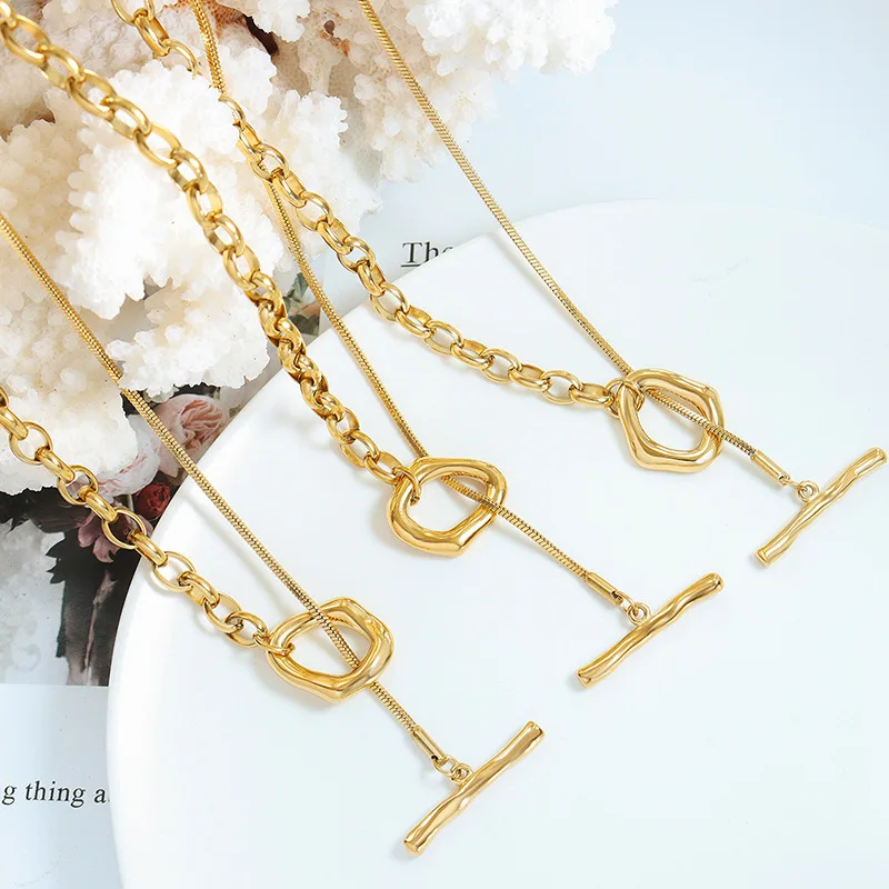 

Gold Asymmetric Chain Lariat Necklace for Women Unique Interlocking Circle T-Bar Pendant Necklace Fashion Statement Jewelry