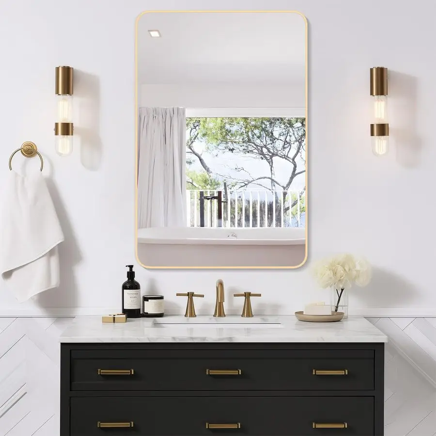 

Gold Bathroom Mirror for Over Sink Rounded Rectangle Gold Frame Mirror, Brushed Gold Bathroom Vanity Mirror WallMounted, AntiRus
