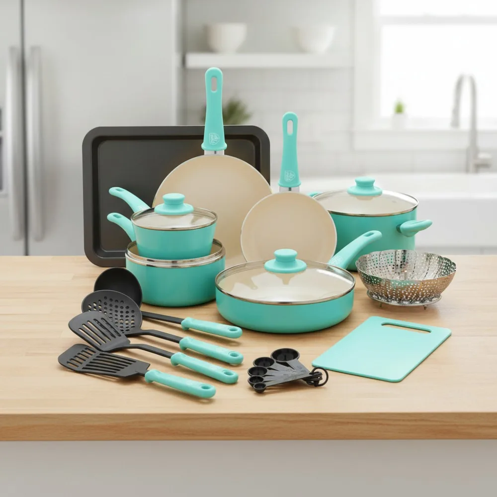 

Eco-Friendly Ceramic Nonstick 18-Piece Cookware Set, PFAS-Free, Dishwasher Safe Kitchen Pots Pans Utensils for Home Chefs