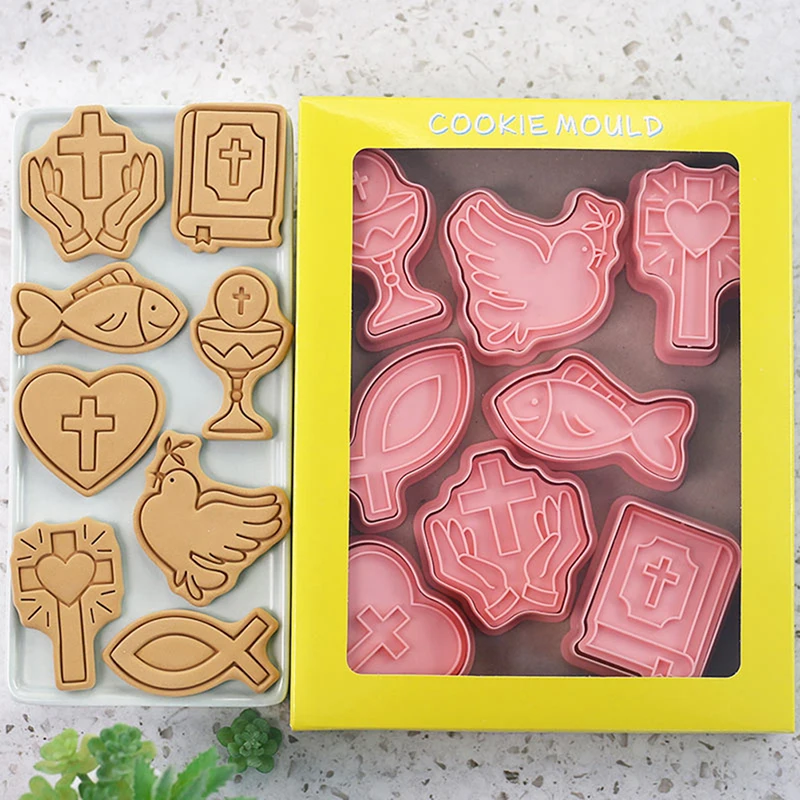 8Pcs Christian Communion Cookie Cutter Plastic 3D Cartoon Cross Love Fish Chalice Pressable Biscuit Stamps Mold Cake Decoration