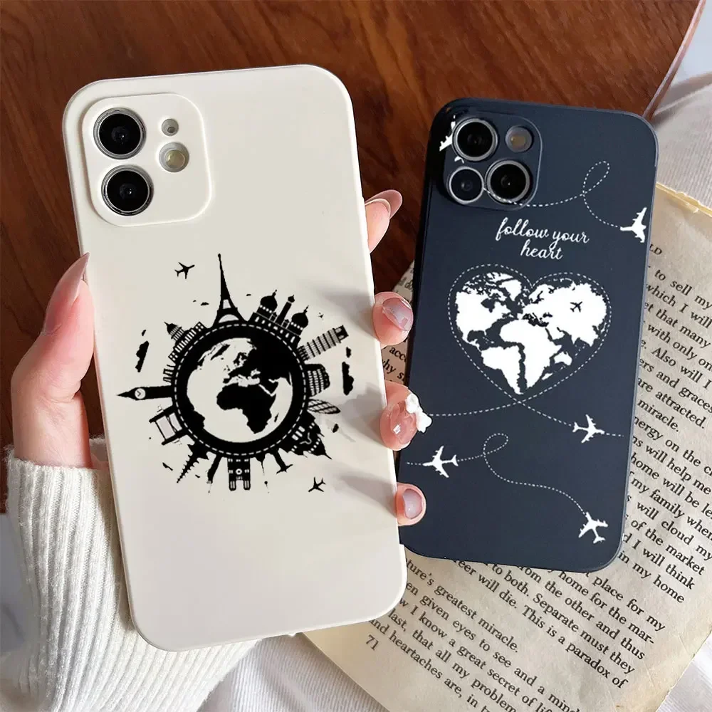 For IPhone 13 12 11 14 15 Pro Max 7 8 Plus X XS SE XR Mini Case Fashion Luxury Popular Planes World Map Travel Couple Soft Cover