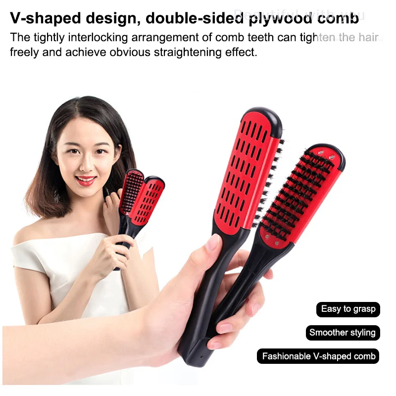 

Pro Hairdressing Straightener Hair Brush Nylon Hair Straightening Double Brushes V Shape Comb Clamp Not Hurt Styling Tools DIY