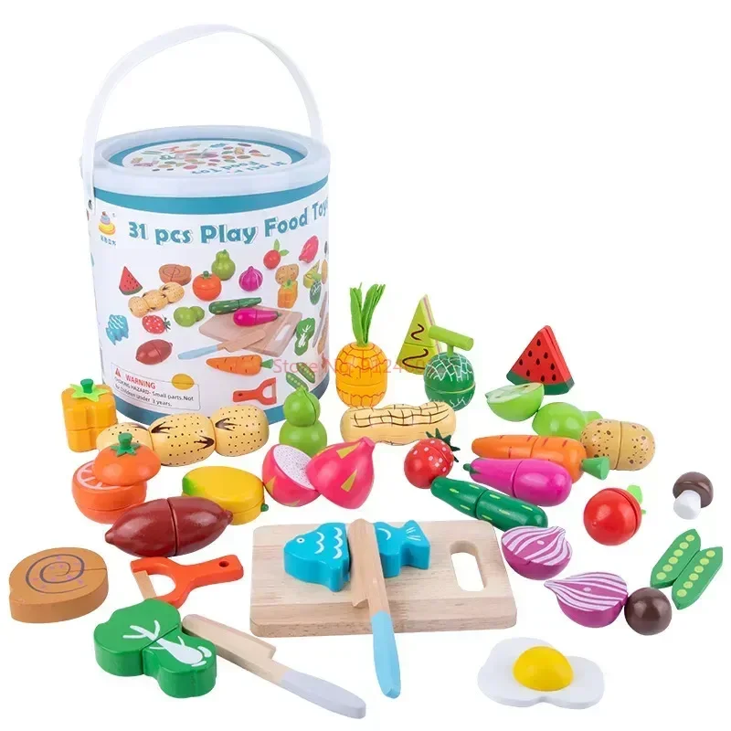 New Playhouse Toy Boy and Girl Puzzle Kitchen Toy Bucket taglio magnetico simulazione di legno Set di combinazione di frutta e verdura Gi