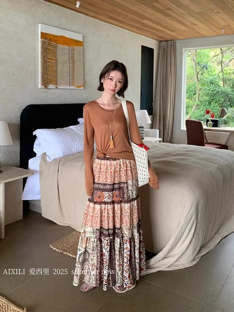 Korejpaa boêmio midi saia feminina outono nova cintura alta emagrecimento saias elásticas suave estilo de férias elegante faldas largas