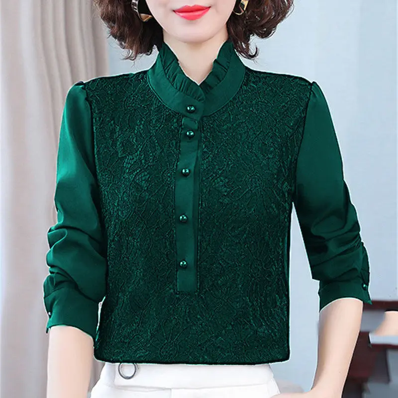 

Women Vintage Elegant Chiffon Blouse Spring Autumn Long Sleeve Stand Collar Button Pullover Solid Female Fashion Shirt 4XL 2022