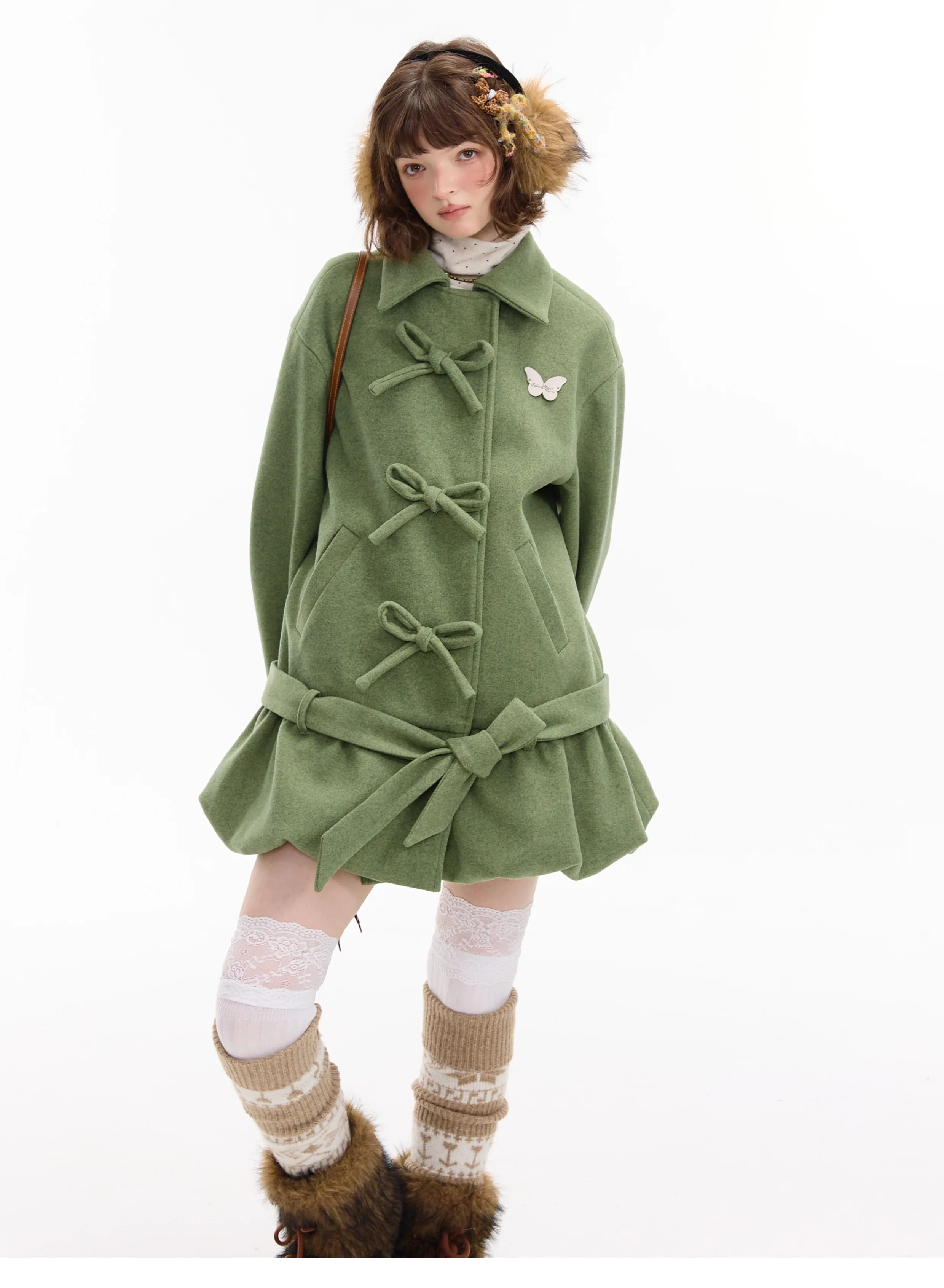 2025 Autumn Winter New American Retro Design Women's Bow Belt Design Loose Casual Mid-Length Green Blue Wool Coat