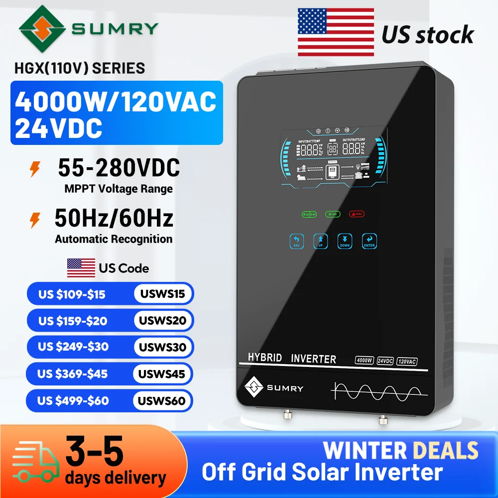 Sumry 4000W Off Grid Hybrid Inverter 24V 140A 5600W MPPT Solar Charger Pure Sine Wave Inverter for Home 6.25 Inch LCD Display