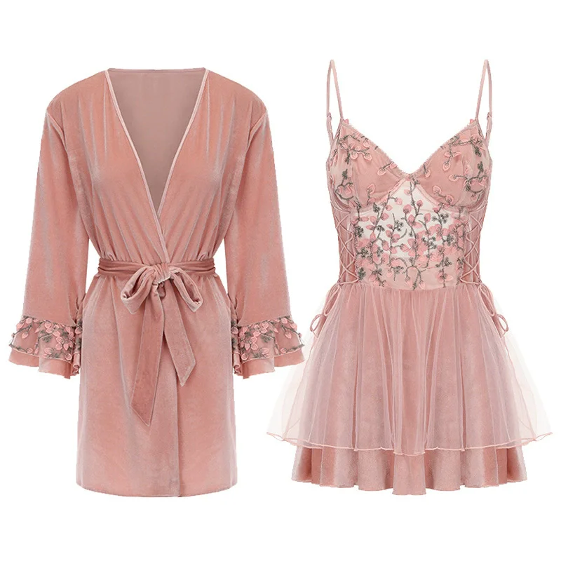 Weibliche Lange Twinset Robe Set Kimono Bademantel Kleid Sexy Spitze Chemise Nachtwäsche Nachthemd Frühling Sommer Neue Satin Hause Kleidung