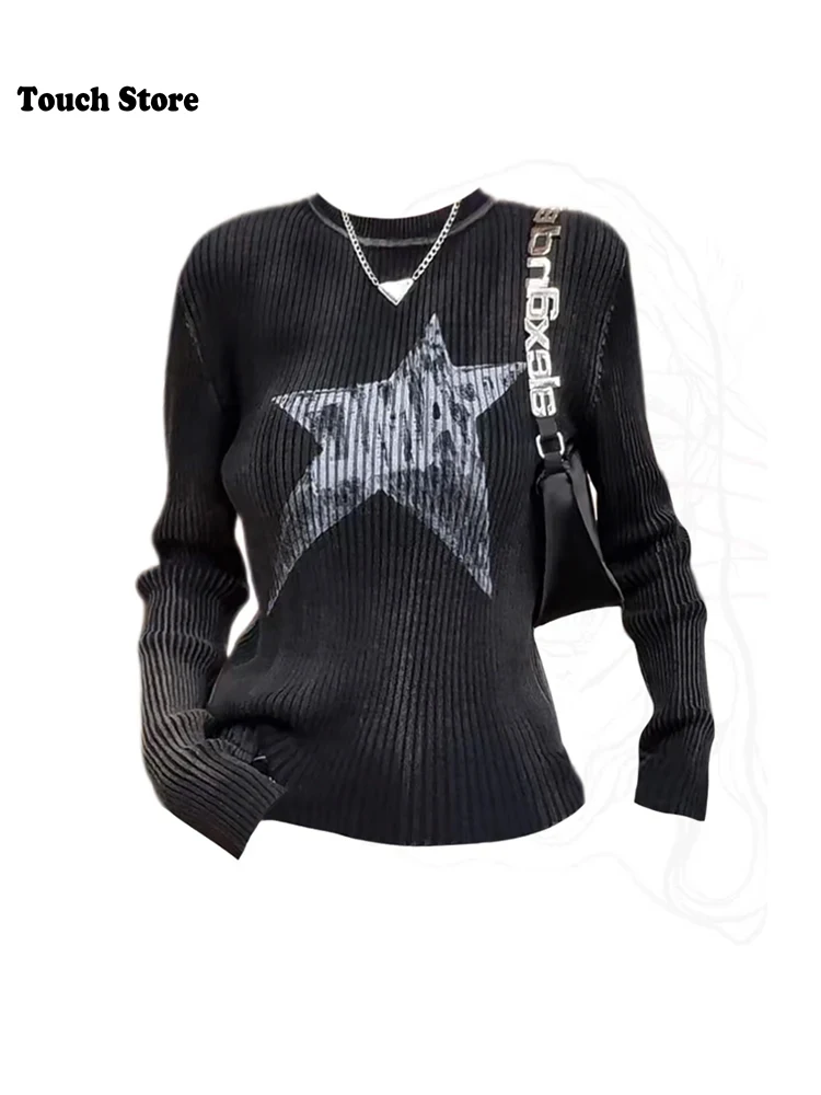 Jesień Zima Kobieta Y2k Streetwear Grunge Dark Academia O-neck Pullovers Sweter z długim rękawem Dzianina 2000s Estetyczny Harajuku