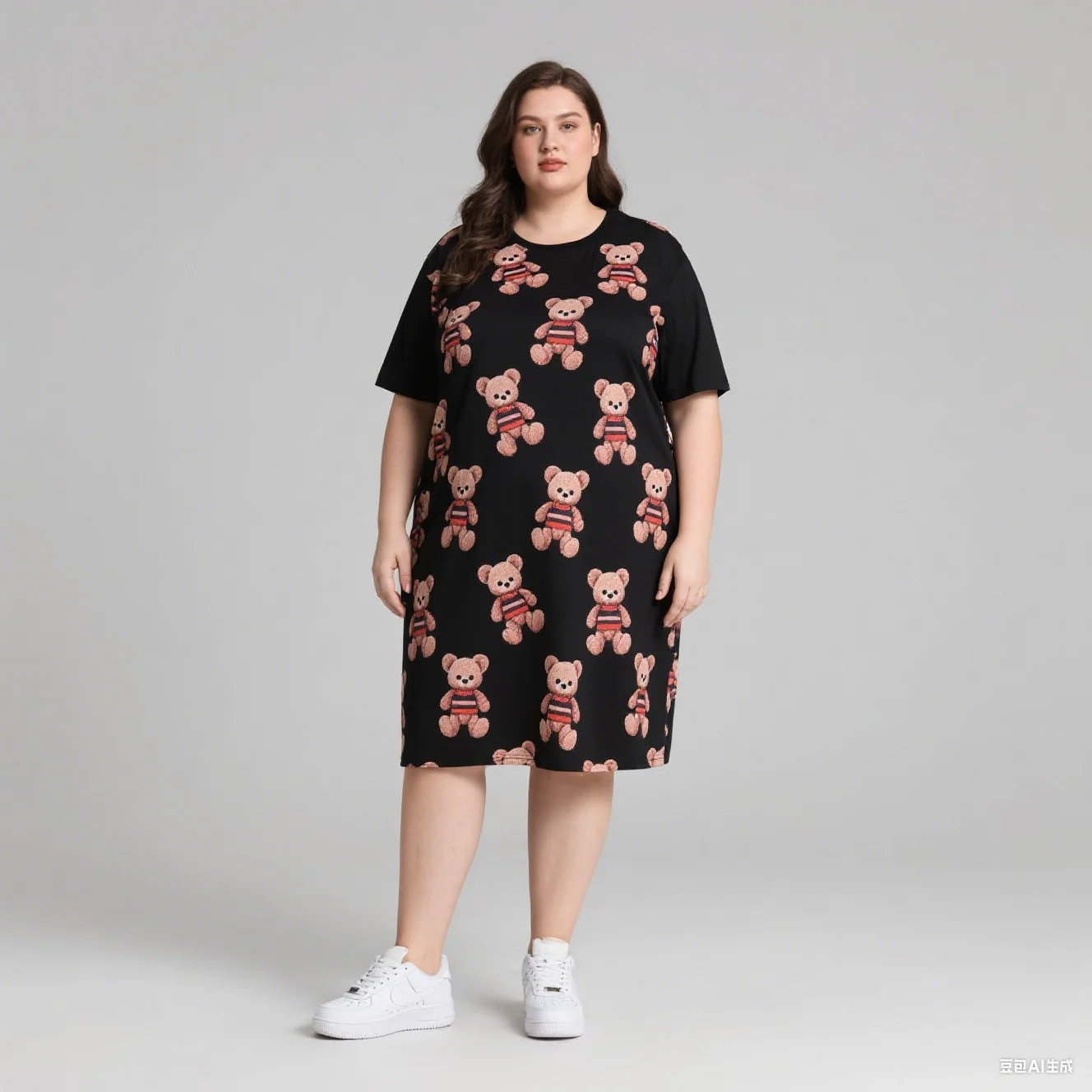 2025 Vestido de manga corta de talla grande para mujer con licencia de Disney, moda informal, muñeca de estilo, estampado de oso de peluche