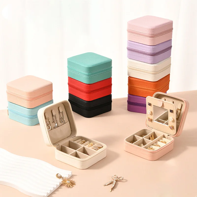 

20261PMini PU Leather Jewelry Organizer Box - Zippered, Portable Korean-Style Travel Pouch for Rings & Jewelry