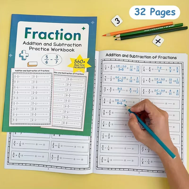 Fraction Practice Workbook Set for Youngsters - Addition, Subtraction | Elementary School Grades 3-6