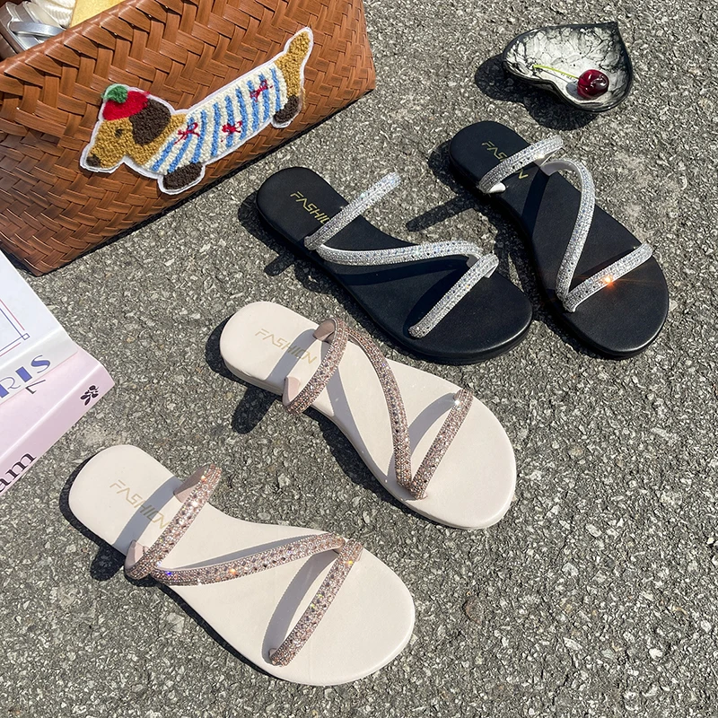 

Summer Women Bling Rhinestone One Band Slides Luxury Beach Casual Shoes