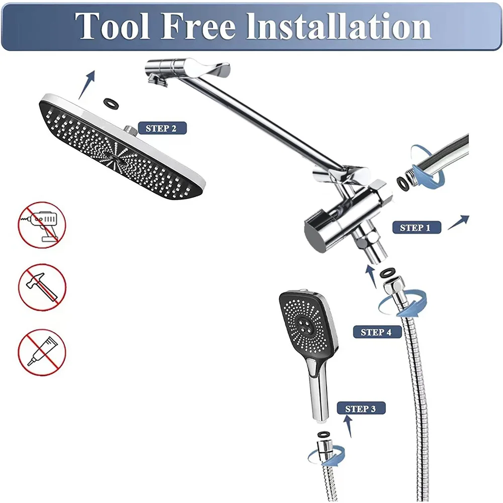 

12 Inch Rain/Rainfall Shower Heads 3+1 Settings Wall-Mount Shower Set with Extension Arm Handheld Top Spray Showerhead